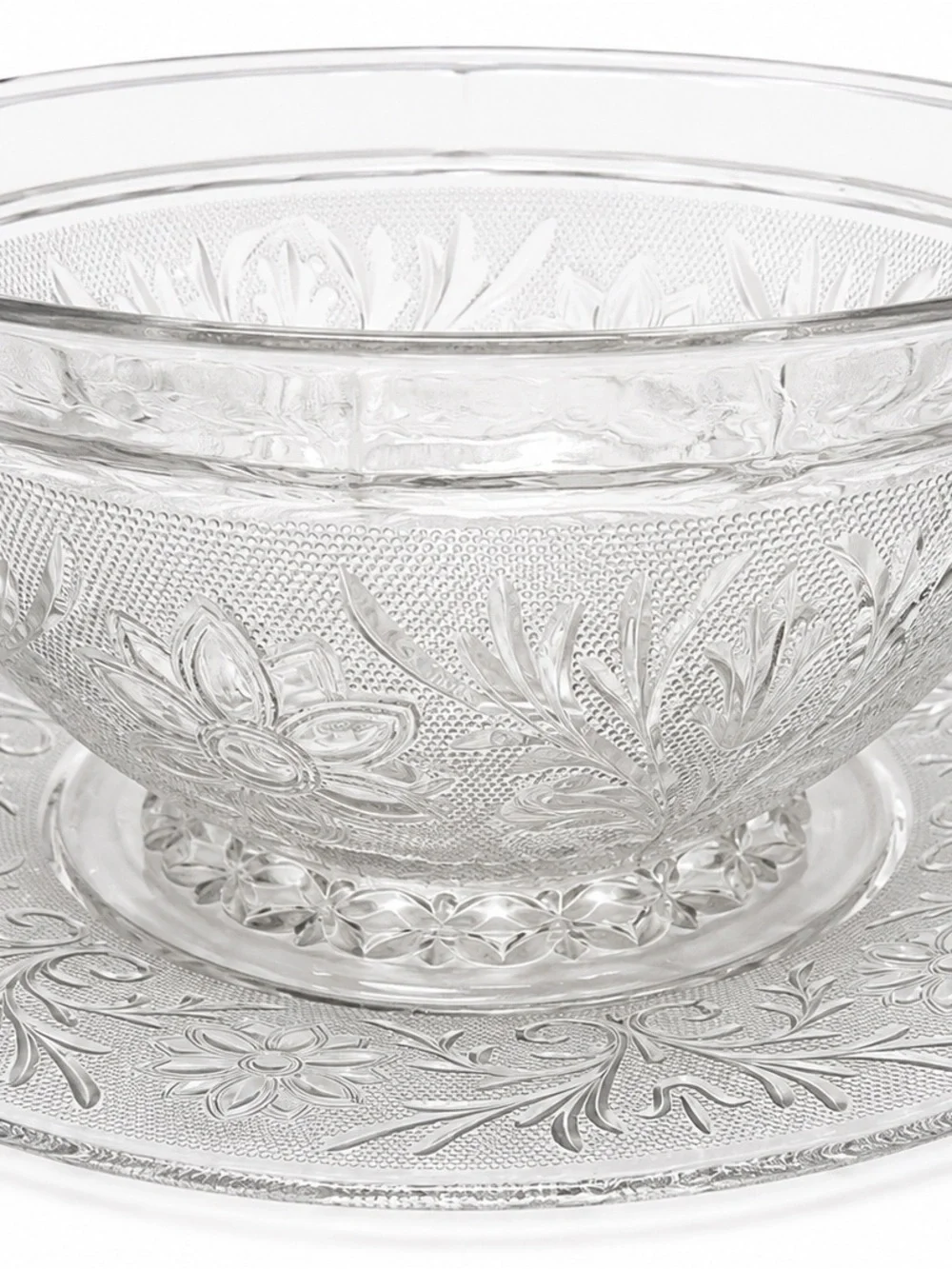 Vintage Clear Pressed Glass Bowl & Underplate Floral Serving Set